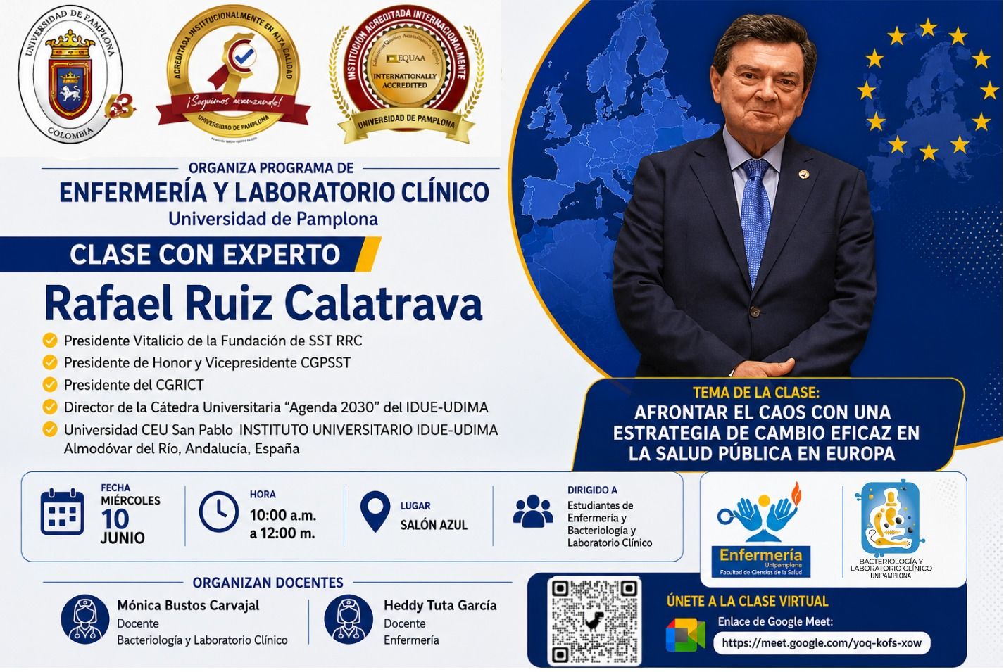 Rafael Ruiz Calatrava imparte una clase magistral internacional en la Universidad de Pamplona sobre liderazgo y salud pública en Europa